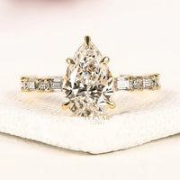 Pear Cut Lab Grown Diamond Engagement Ring with Baguette Accent Band
