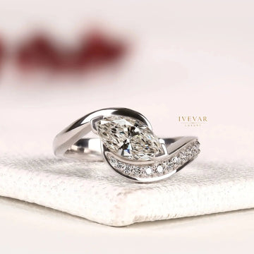 Marquise Cut Moissanite Diamond Pave Bypass Band Engagement Ring