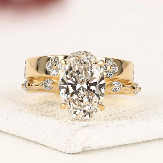 Oval Cut Lab Diamond Bridal Ring Set with Floral Diamond Accents