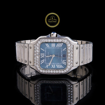 Round Cut Diamond Bezel Square Blue Dial Watch with Steel Link Bracelet