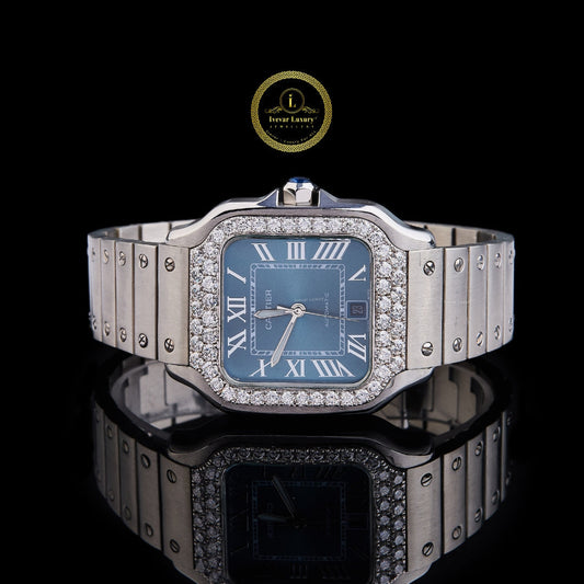 Round Cut Diamond Bezel Square Blue Dial Watch with Steel Link Bracelet