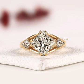 Kite Set Princess Cut Lab Grown Diamond Three Stone Engagement Ring