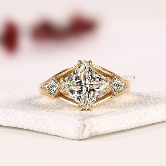 Kite Set Princess Cut Lab Diamond Three Stone Engagement Ring