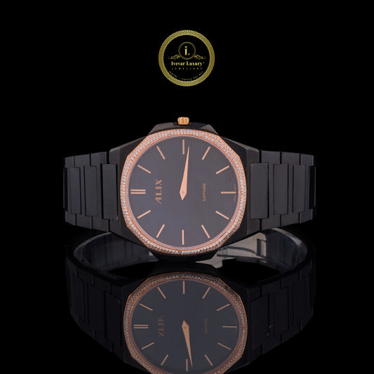 Black & Rose Gold Diamond Bezel Men's Watch