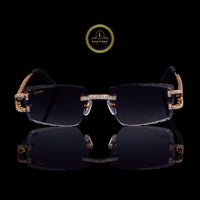 Rose Gold Rimless Diamond Sunglasses with Open-Loop Hinges & Pavé Bridge