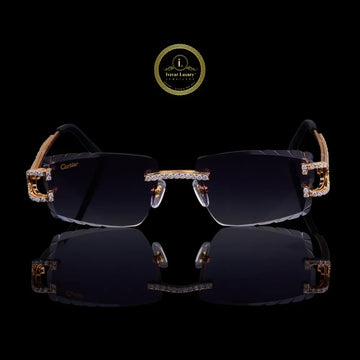 Rose Gold Rimless Diamond Sunglasses with Open-Loop Hinges & Pavé Bridge