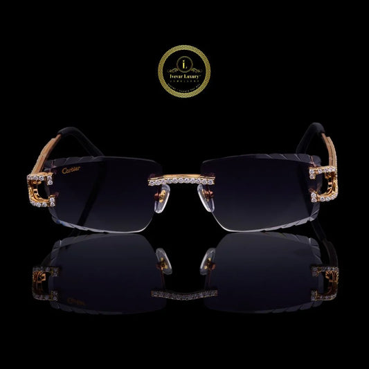 Rose Gold Rimless Diamond Sunglasses with Open-Loop Hinges & Pavé Bridge