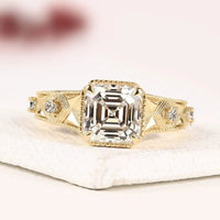 Vintage Asscher Cut Milgrain Engraved Lab Grown Diamond Ring