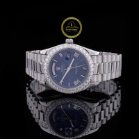 Round Cut Diamond Bezel Blue Day-Date Dial Watch with President Link Bracelet