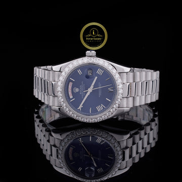 Round Cut Diamond Bezel Blue Day-Date Dial Watch with President Link Bracelet