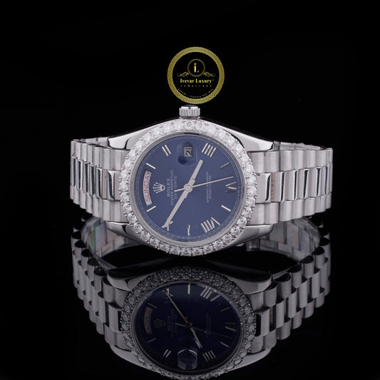 Round Cut Diamond Bezel Blue Day-Date Dial Watch with President Link Bracelet