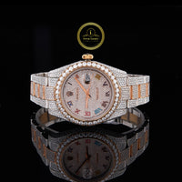 Full Iced Out Diamond Day-Date Watch with Multicolor Roman Dial & Two-Tone Finish