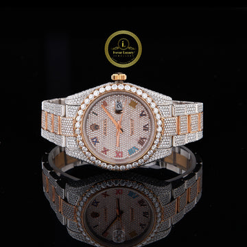 Full Iced Out Diamond Day-Date Watch with Multicolor Roman Dial & Two-Tone Finish