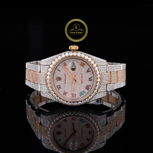 Full Iced Out Diamond Day-Date Watch with Multicolor Roman Dial & Two-Tone Finish