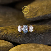 Oval Three Stone Blue And White Moissanite Diamond Ring
