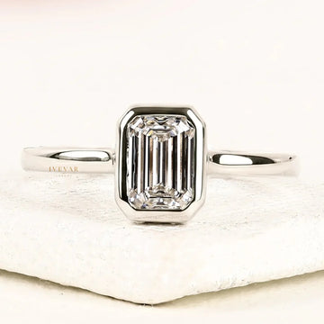Emerald Cut Moissanite Diamond Bezel Solitaire Engagement Ring