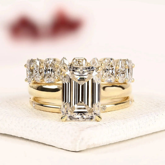 Emerald Cut Moissanite Diamond Alternating Marquise & Cushion Bridal Ring Set