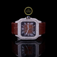 Round Cut Diamond Square Automatic Watch with Brown Roman Numeral Dial and Leather Strap