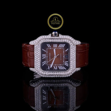 Round Cut Diamond Square Automatic Watch with Brown Roman Numeral Dial and Leather Strap