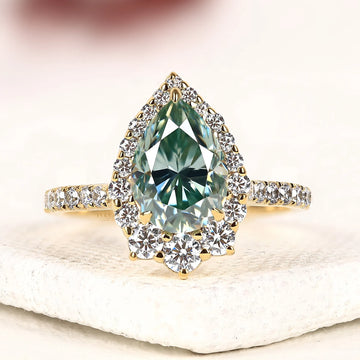 Green Pear Cut Moissanite Diamond Halo Ring with Pave Band