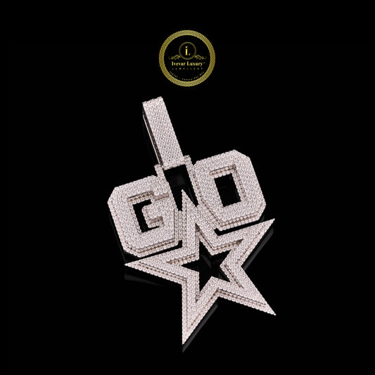 Custom Iced-Out Finish "GO" Star Pendant Featuring Shimmering Round Cut Moissanite Diamonds