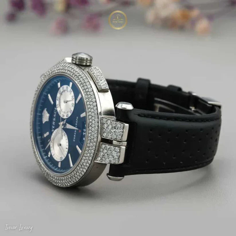 Blue Chronograph Watch with Diamond Bezel & Black Rubber Strap - View 3
