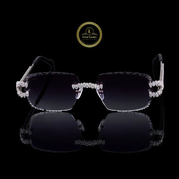 Rimless Black Gradient Diamond Sunglasses with Floral Pear Bridge & Open-Loop Hinges