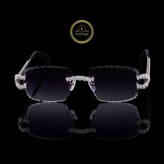 Rimless Black Gradient Diamond Sunglasses with Floral Pear Bridge & Open-Loop Hinges