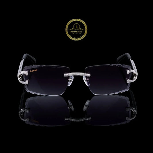 Rimless Rectangular Diamond Sunglasses with Round Pave Hinges & Diamond Bridge