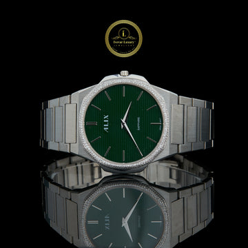 Men's Silver Stainless Steel Watch with Green Dial and Diamond Bezel