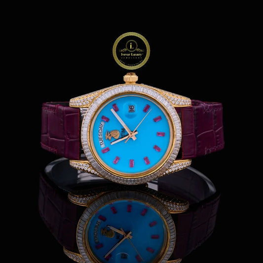 Yellow Gold Day-Date Watch with Turquoise Dial Baguette Diamond Bezel & Burgundy Leather Strap