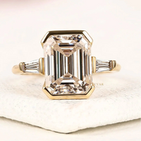 Emerald Cut Moissanite Half Bezel Set Three Stone Engagement Ring