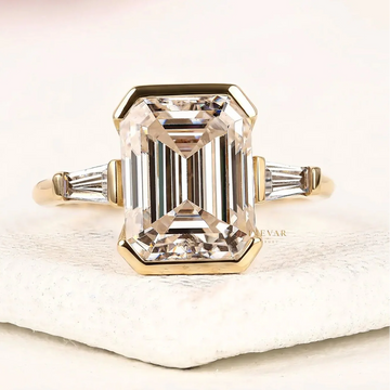 Emerald Cut Moissanite Half Bezel Set Three Stone Engagement Ring
