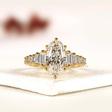 Marquise Cut Baguette Side Stone Lab Grown Diamond Engagement Ring