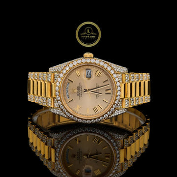 Yellow Gold Day-Date Watch with Champagne Roman Dial Diamond Bezel & President Bracelet