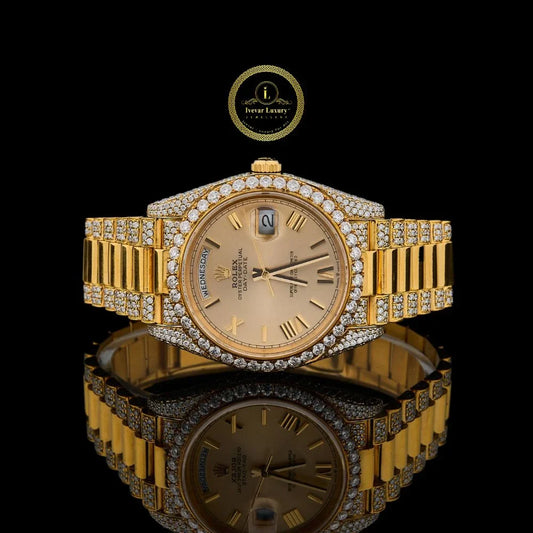 Yellow Gold Calendar Watch with Champagne Roman Dial Diamond Bezel & Executive Bracelet