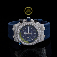 Half Iced Out Diamond Chronograph Watch with Blue Rubber Strap & Navy Blue Dial