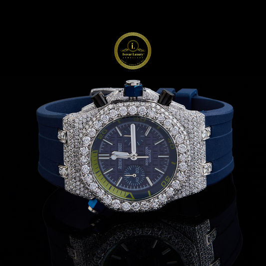Half Iced Out Diamond Chronograph Watch with Blue Rubber Strap & Navy Blue Dial
