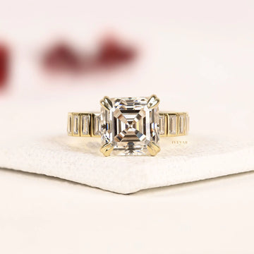 Asscher Cut Baguette Channel Set Moissanite Diamond Engagement Ring