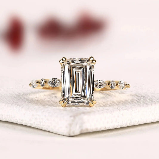 Emerald Cut Pear & Round Accent Moissanite Diamond Engagement Ring