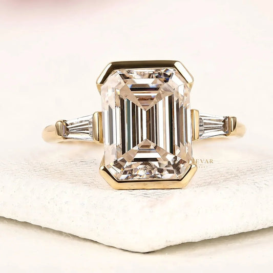 Emerald Cut Lab Half Bezel Set Three Stone Engagement Ring