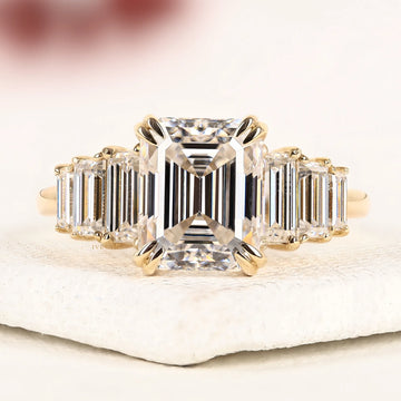 Emerald Cut Moissanite Diamond Sevan Stone Ring in Gold