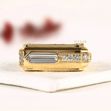 East-West Baguette Cut Moissanite Diamond Gold Signet Ring