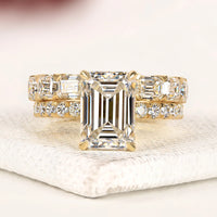 Emerald Cut Lab Grown Diamond Bridal Ring Set with Pave Wedding Band