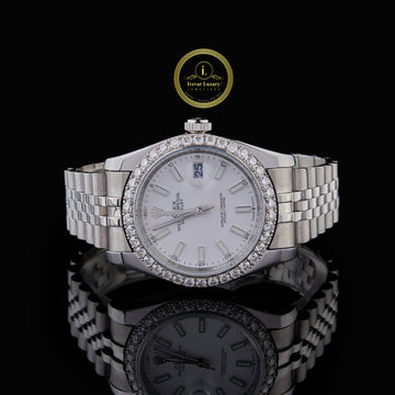 Round Cut Diamond Bezel White Dial Watch with Jubilee Link Bracelet