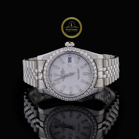 Round Cut Diamond Bezel White Dial Watch with Jubilee Link Bracelet