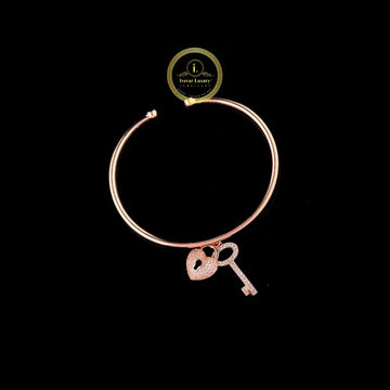 Heart Lock & Key Moissanite Diamond Open Cuff Bangle