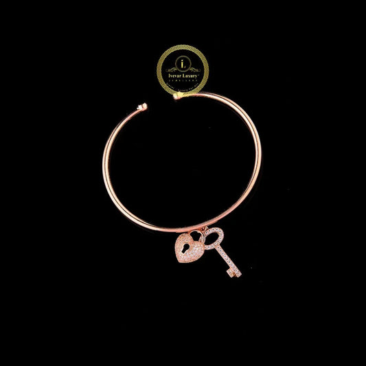 Heart Lock & Key Moissanite Diamond Open Cuff Bangle