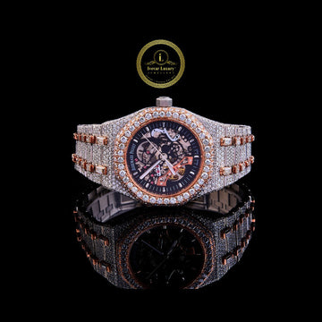 Full Iced Out Diamond Skeleton Watch with Open-Worked Dial & Two-Tone Finish