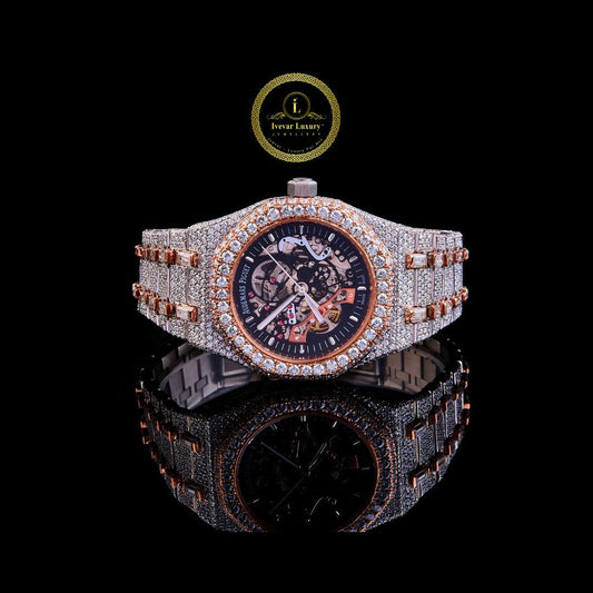 Full Iced Out Diamond Skeleton Watch with Open-Worked Dial & Two-Tone Finish